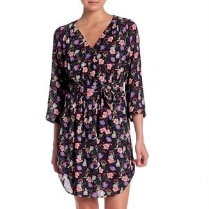 DR2 black floral faux-wrap dress
